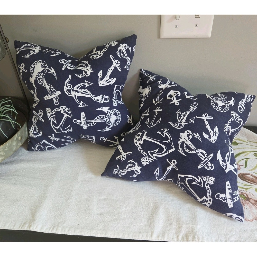 VTG Pair of Nautical Anchor Pillows 12" x 12" Tucked Star Shape Coastal Decor